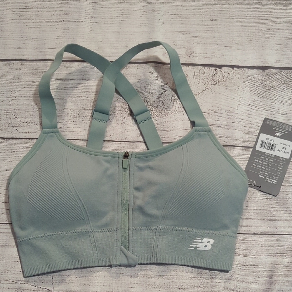 New Balance Women's Front-Zip Sage Green Cross-Back Sports Bra